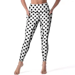 Kvinnors leggings svarta polka prickar prick mönster cirklar konst fitness yoga byxor skjuter upp vintage leggins stretchig grafisk spor