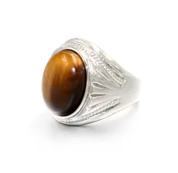 Vintage Men Boy Oval Tiger Eye Braune Steine ​​mit Symbolring in Edelstahlschmuck Herrenzubehör Anel Aneis3742136