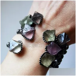 Perlenstränge Oktaeder Stein Regenbogen Fluoriten Armreif Armband Frauen Boho Halloween Gothic Cyber Goth Y2k Emo Schmuck Vampir Acce Dhyip