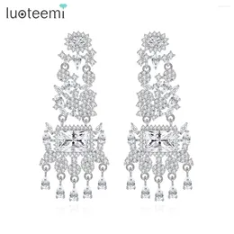 أقراط Dangle Luoteemi Long Tassel Square CZ مجوهرات الأذن مثقوبة خاصة بالديكور الرائع للنساء الهدية الرومانسية