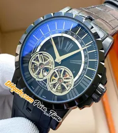 Luksusowy nowy Excalibur 46 RDDBEX0280 Podwójny turbillon Automatyczna męska zegarek Pvd Czarna stalowa obudowa Czarna tarcza skórzane zegarki PU8131472
