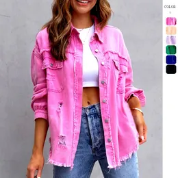 Women Pocket Hole Tassel Turndown Collar Denim Button Casual Boho Full Long Sleeve Spring Winter Cardigan Jacket Coats Outerwear 240423