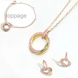 Europe America Fashion Necklace Bracelet Earrings Lady Women Brass Engraved Letter Settings Pink Diamond Three Circles Pendant 18K Gold Chain Jewelry Sets