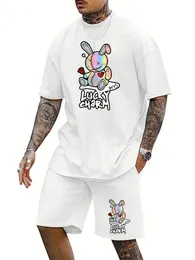 Mens Summer Daily Casual Short Sleeve Shorts Set Cartoon Bunny Doll and Lucky Charm Printed T-Shirt Shorts Set Home Pyjamas Set 240430