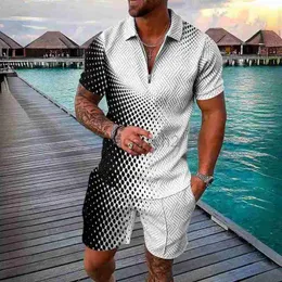 Herrspårar Streetwear New Men's Fashion Casual Set 3D Digital Printed Zipper Short Sleeve Men's Shorts Fashion Plus Size Set