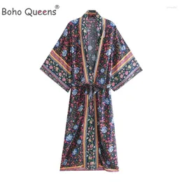 Boho Queens Fashion Women Floral Print Batwing Sleeve Beach Bohemian Kimono Robe Ladies V Neck Summer Dress Bikini Cover-Ups