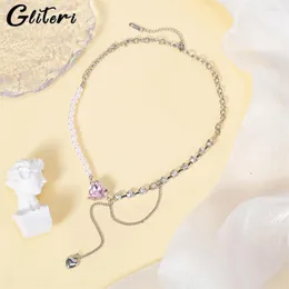 Anhänger Halsketten Geiteri Ins Style Pink Heart Patchwork Perle für Frauen Mädchen Silber Farbkette Liebe Choker Schmuck Geschenk