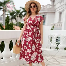 Della mel 4xl plus size kvinnliga kläder elegant fest maxi klänningar sommar ruffle ärmar semester blommig tryck stor lång klänning 240430