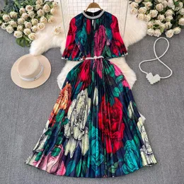 Vestidos casuais vestido de impressão de férias de verão para mulheres moda moda solta manga batwing robe feminino grande balanço de cinto de miçangas roupas plissadas 2024