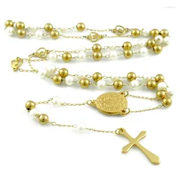 Catene White Long Rosary Necklace Fashion perline da 6 mm Croce Ciondolo per uomini Donne in acciaio inossidabile gioielli cattolici HN092
