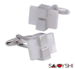 Savoyshi Luxury White Shell Cufflinks for Mens Shirt Cuff Brand عالية الجودة أزرار أكمام مربعة زفاف كاملة المجوهرات 2345621