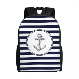 Backpack Custom Anchor And Navy Blue Stripes Backpacks Men Women Casual Bookbag For School College Nautical Sailor Bags