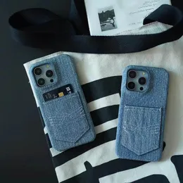 Denim-textured Fabric Card Holder Pocket Phone Case for Apple iPhone 15 Pro Max 14 Plus 13 12 Cowboy Style Camera Lens Bump Hard PC Shell Back Cover Coque Fundas Blue11