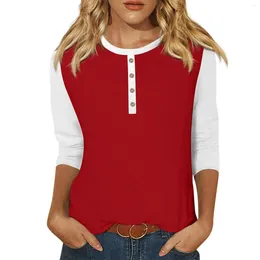 Camisetas femininas Moda Casual Round Neck 3/4 Sleeve Color Block Button T-shirt Top Top Moda e camisetas simples