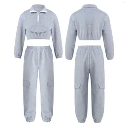 Kläder sätter barnflickor Tracksuits Sport Workout Gym Fitness Outfits Långärmad front dragkedja Top Shirts byxor utomhus sportkläder