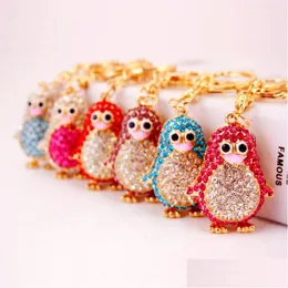 Anéis -chave Colorf Bolsa de bolsa fofa Chaves de shinestone animal pinguim pendente acessórios de carro Correntes de tons dourados lagosta do anel do anel Drop Dh8wv