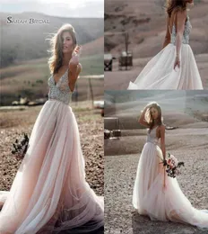2019 Chic Bohemia Beach A Line Party Gown Wedding Dresses Backless Crystals Country Bridal Gowns Boho Vestido de Novia3649039
