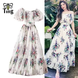 Вечеринка платья Tingfly Designer Runway Floral Fashion Slash Neck Высококачественная женщина Винтажные летние элегантные халаты Largo vestidos