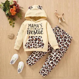 Clothing Sets Spring And Autumn Baby Girls Fashion Hooded Stitching Letter Sweater Leopard Print Trousers Two-piece Kids Outing Clothes