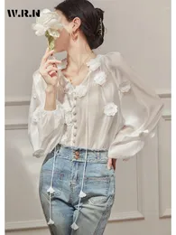 Blusas femininas 2024 Summer Fairy Style-decote em V luminária longa 3D Flores 3D camisetas para mulheres elegantes chiffon slim fit slim tees soltos top