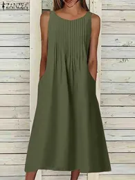 Temel gündelik elbiseler 2023 zanzea moda yaz elbisesi kadın o boyun kalemli sundress gevşek plaj tankları vestidos kadın vintage katı pilili bornoz t240505