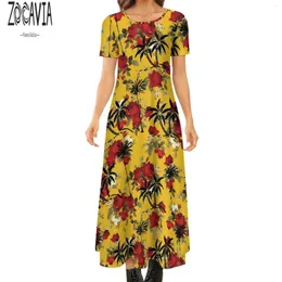 Party Dresses Zocavia Women's Short Sleeve Round Neck Long Dress Hawaiian Style Mammas formella plats