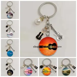 Keychains Guitar DIY Picture Sunset Landscape Round Po Keychain Cabochon Glass Car Bag Charm Jewelry