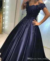 2019 ciemnoniebieski długi satynowy sukienka balowa seksowna linia formalne wakacje noś ukończenie wieczornej imprezy