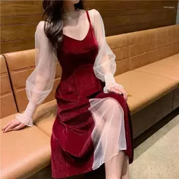 Arbeitskleider 2024 Lucky Red Two -Piece Kleider Set für Frauen Frühling Koreanische Lady Anmutige Pailletten Mesh Tops Camisole Anzug Modekleid Modekleid
