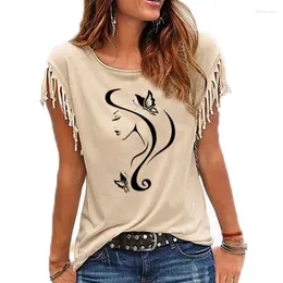 Kvinnors T -skjortor Beauty Salon Girl Face With Butterfly Printed Tees Women O Neck Shirt Tassel Kort ärm Tshirt Tops