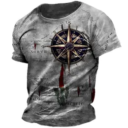 Mens Vintage Nautical Map Compass Print TShirt Summer Daily Loose Short Sleeve Male Tops Casual Tees Unisex Clothing Apparel 240416