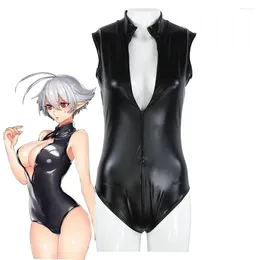 Women's Swimwear Sexy V Neck Women Bodysuits PU Leather Swimsuit Open Crotch Bodysuit Kawaii Japanese AnimeCosplay Costume Bathing Suit