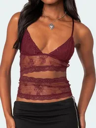 Fashion Women Lace Camisole V-Neck Spaghetti Strap Sheer Stest Slim Fit Cutout Show Tops tops S-XL 240423