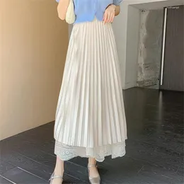 Skirts Seoulish Spring Summer Lace Patchwork Long For Women 2024 High Waist Elegant White Pleated Umbrella Female