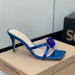 Gianvito Rossi Stiletto häl tofflor glider mulor sandaler stora partikel strass kvadrat tå kvällskor kvinnors lyxdesigner höga klackar 35-42 låda