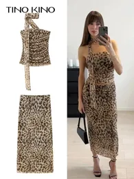 Vasca da stampa leopardo a manicotto lungo a maniche lunghe strette da donna pieghevole pieghevole pacchetto di fianchi alla caviglia gonne 2024 set di 2 pezzi estate 240429