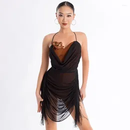 Стадия ношения Dult Women's Latin Dance Dress Plore Tassel Splicing Competition Training Sling Style Style Costume xh82