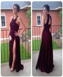 2019 Burgundy Chiffon Prom Dresses Long Halter Neck ThighHigh Split Ruched Open Back Sexy Evening Gowns9722848