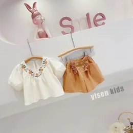 Roupas conjuntos de 2024 meninas edição coreana de verão shorts de camisa de boneca definir duas peças menina para criança doce roupas gentis