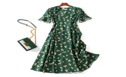 Summer Vintage Green Print Back Tie Chiflon vneck Shortsleeve Slim Long Midi Tea Press Casual 2021 Q07121071127