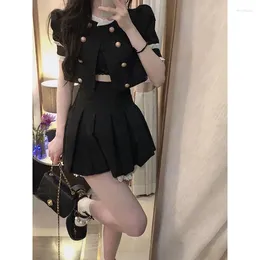 Vestidos de trabalho Black Gothic 2 peças Conjunto de vestidos mulheres renda elegante tops de colheita Mini skrit 2024 verão y2k coreano de moda fossa chique