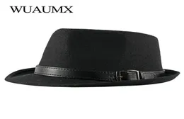 Wuaumx Autumn Winter Retro Jazz Hats Middle Aged Men kände fedoras mössa för manlig solid trilby panama hatt svart bowler bred brim4343997