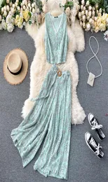 SINGRAIN Women Summer Bohemian Suits Sleeveless TopsSashes Chiffon Wide Leg Pants Vintage Beach Two Piece Sets9541447