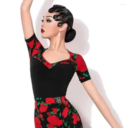 Stage Use manga curta Floral V Neck Bodysuit Latin Dance Dress for Women Performance Belly Modern Dancing Vestres A1384