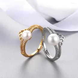 Cluster Rings Natural Freshwater Pearl 7M Vintage Micro Diamond Crown Ring Кольцо персонализированная мода, регулируемая для женщин