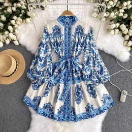 New Casual Dresses Summer Spring Summer Vintage Paisley Short Dress Women Stand Collar Long Lantern Sleeve Single Breasted Sashes Loose Mini Vestidos 2024