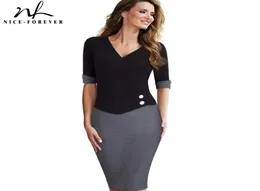 Casual Dresses Niceforever Vintage Mature Patchwork Short Button Sleeve VNeck Wear To Work Bodycon Women Office Pencil Slim Dres2901520