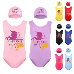 Kläder sätter A för Adley Girls Swimsuit Swimming Cap Set Baby Bath Tub Gul One Piece badkläder Girl Bikini Summer Suit