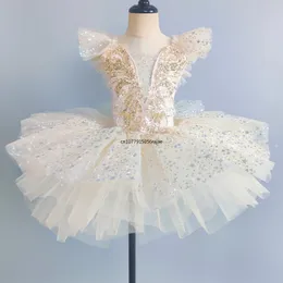 Crianças de vestido de balé de lantejoulas roupas de desempenho bege garotas modernas saias de dança ginástica infantil roupas de dança de balé 240426