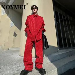 Noymei Nightclub Performance Sparkling Pearl Film Shirt Mens Fashionable Set Casual Pant Party Chic Spring Red WA3705 240424